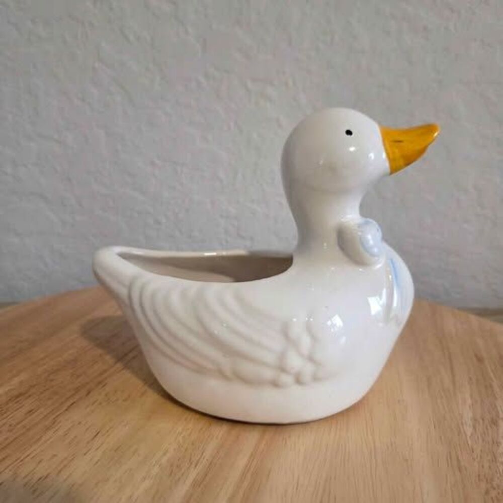 Vintage Ceramic Duck with Bow Planter Cottagecore